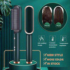 2-in-1 Hair Straightener and curling brush in dark green with rose gold accents, anti-scald comb, and temperature control features.