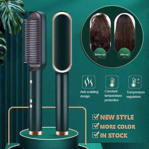 2-in-1 Hair Straightener and curling brush in dark green with rose gold accents, anti-scald comb, and temperature control features.