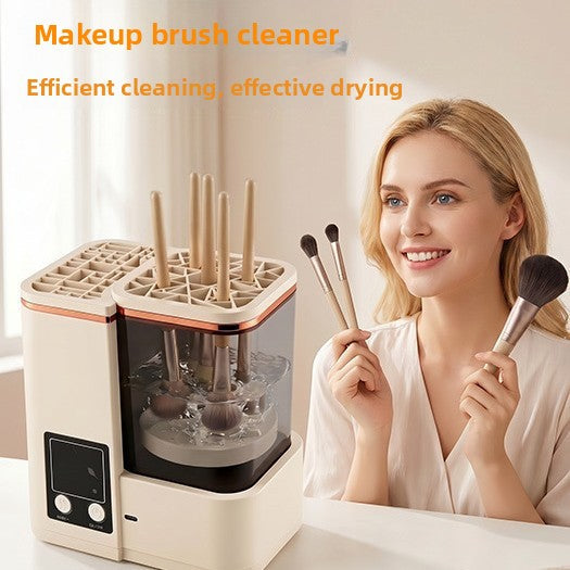 Rechargeable Makeup Brush Cleaner in off-white plastic, with dual drying racks and transparent wash chamber