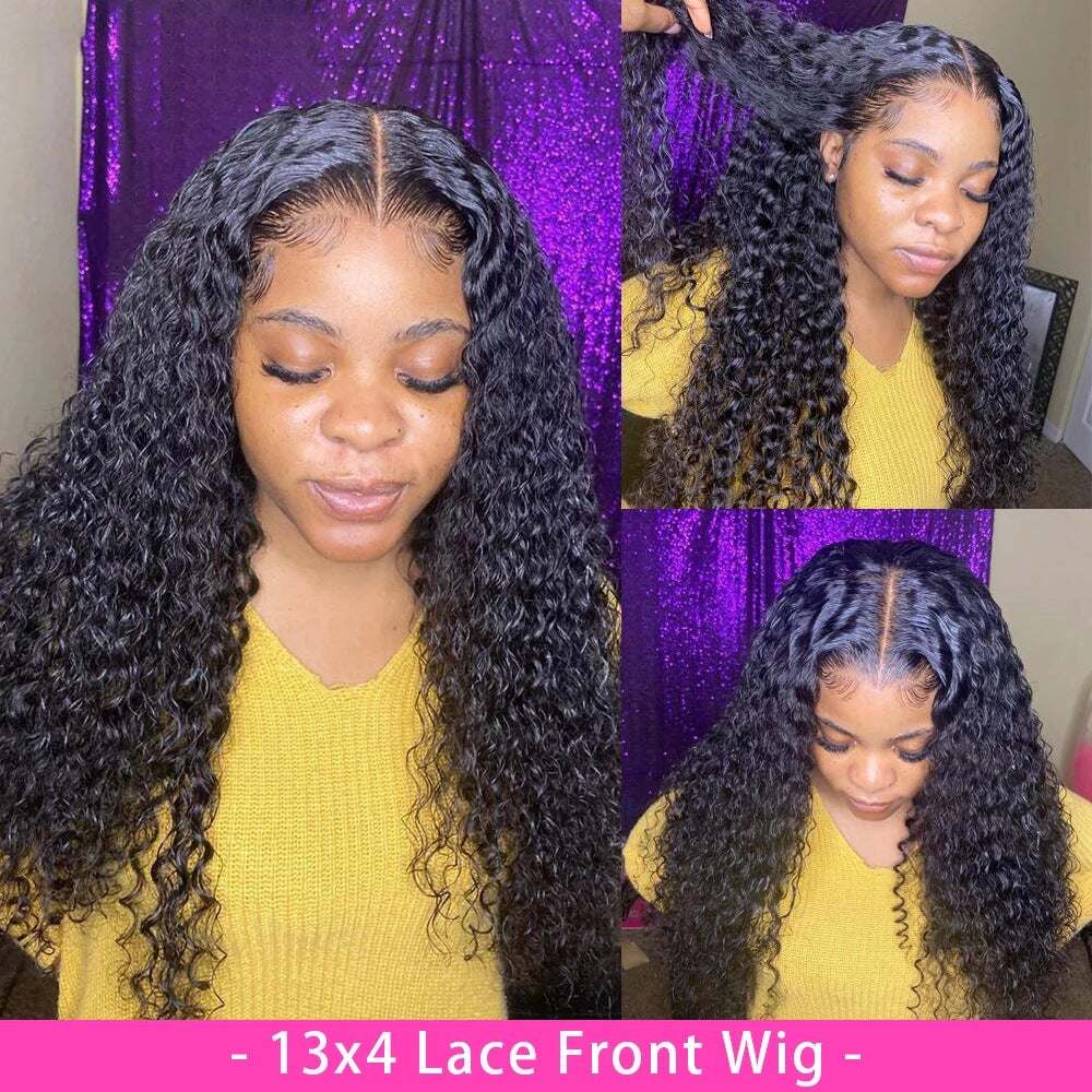 Curly Human Hair 13x4 Lace Front Wig – three-angle view showing natural curl pattern and lace hairline