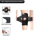 Black single-pack 4th generation knee brace shown on a mannequin leg, with three inset feature callouts labeled Cross fixation, Bone protection pad, and Spring Support on a white background.
