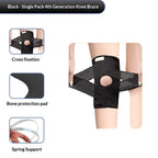 Black single-pack 4th generation knee brace shown on a mannequin leg, with three inset feature callouts labeled Cross fixation, Bone protection pad, and Spring Support on a white background.