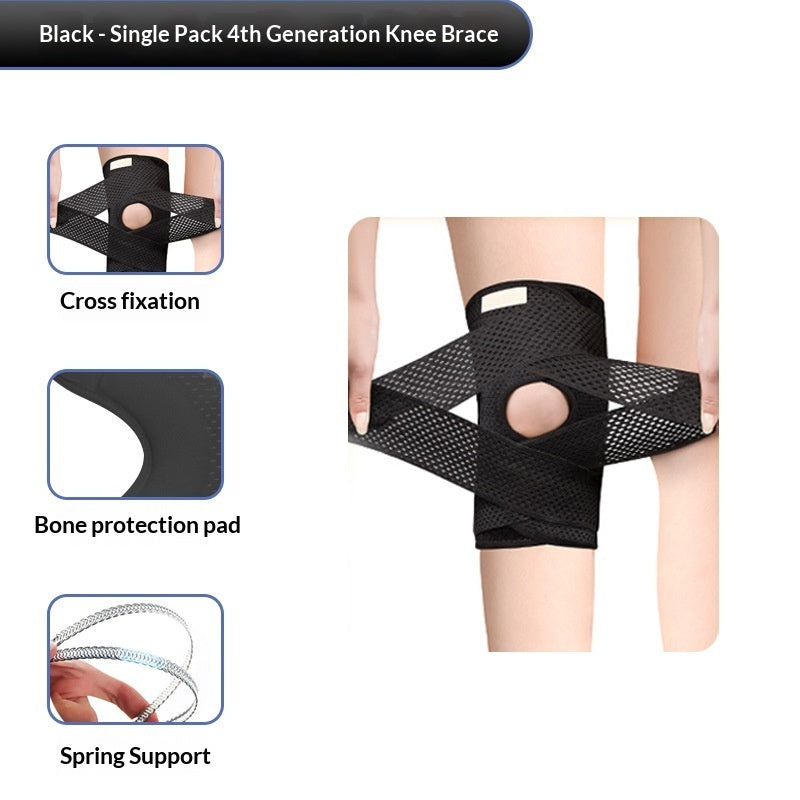 Black single-pack 4th generation knee brace shown on a mannequin leg, with three inset feature callouts labeled Cross fixation, Bone protection pad, and Spring Support on a white background.
