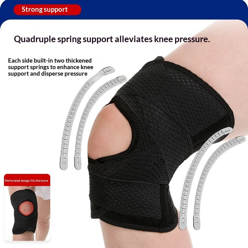 Black knee support brace shown on a person's knee, with explanatory text about quadruple spring support and two silver support spring graphics. A small inset at lower left shows the brace fitted on a leg.