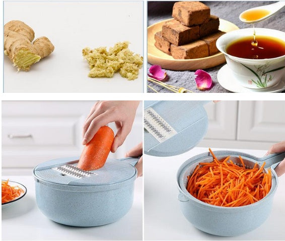 Collage of grated ginger, carrot shredding in action & bowl of julienned carrots
