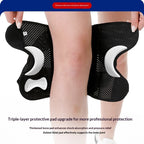 A person wearing black knee support sleeves with white cushioned pads, shown from the thighs down against a white background, with marketing text at the bottom and a blue header at the top.