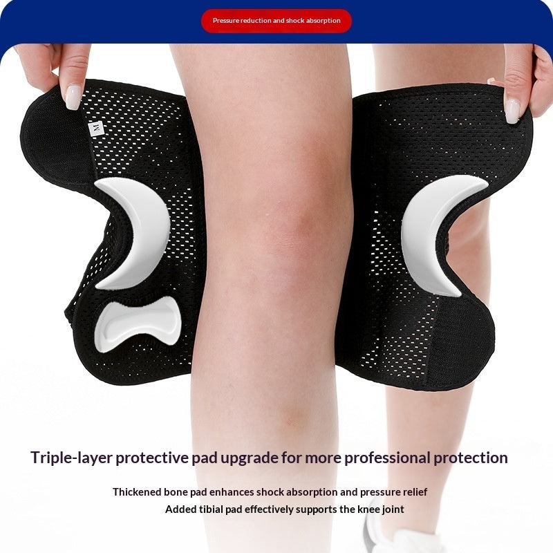 A person wearing black knee support sleeves with white cushioned pads, shown from the thighs down against a white background, with marketing text at the bottom and a blue header at the top.