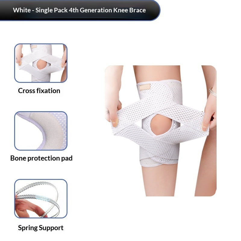 White single-pack 4th generation knee brace being worn and adjusted on a person's leg, with three inset feature callouts showing cross fixation, bone protection pad, and spring support.