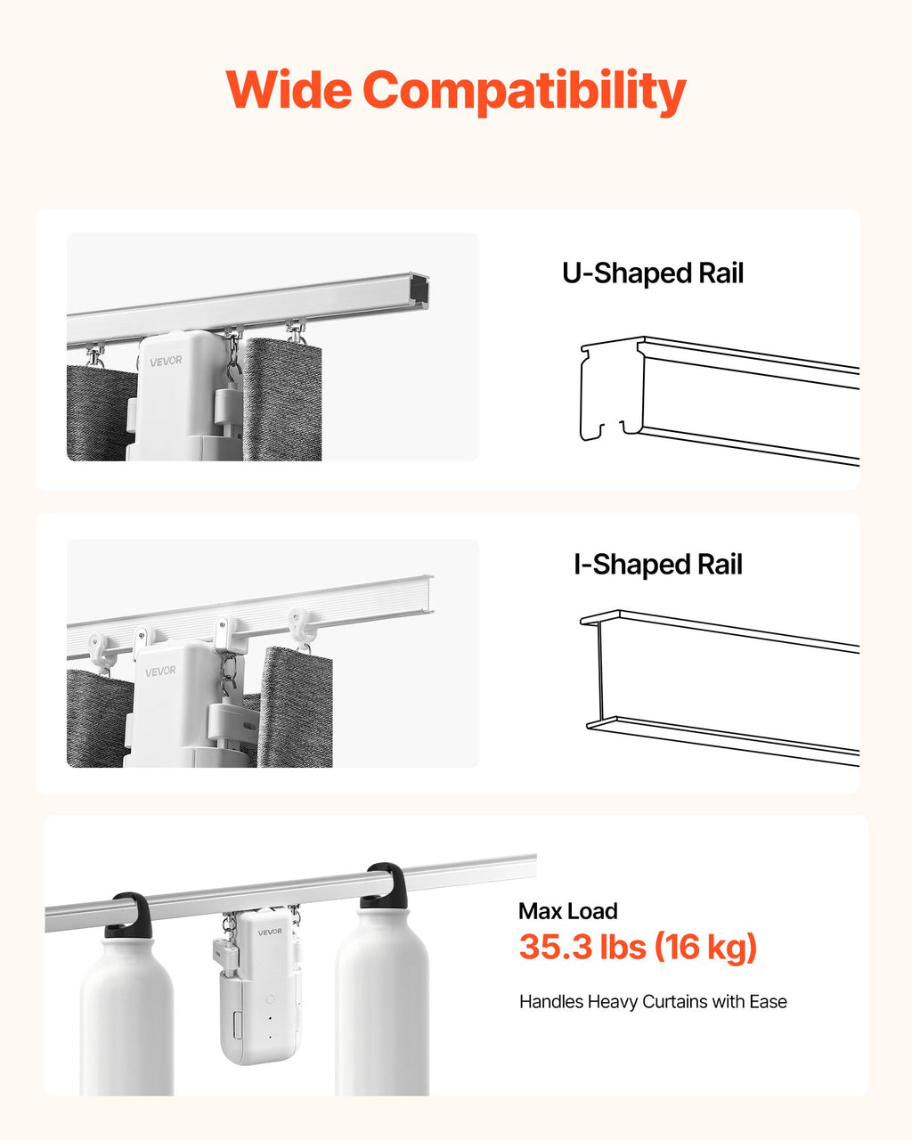Automatic curtain opener wide compatibility – U-shaped and I-shaped rails, max load 35.3 lbs