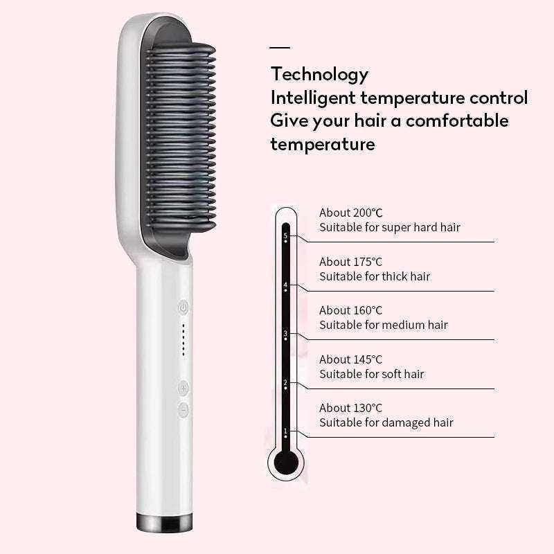 Hair straightening brush with temperature control chart on a white background
