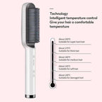 Hair straightening brush with temperature control chart on a white background