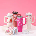 40 oz stainless steel insulated tumbler with handle, straw, and spill-proof lid for hot and cold drinks
