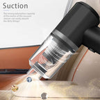 Cordless handheld vacuum cleaner showing suction on a car seat