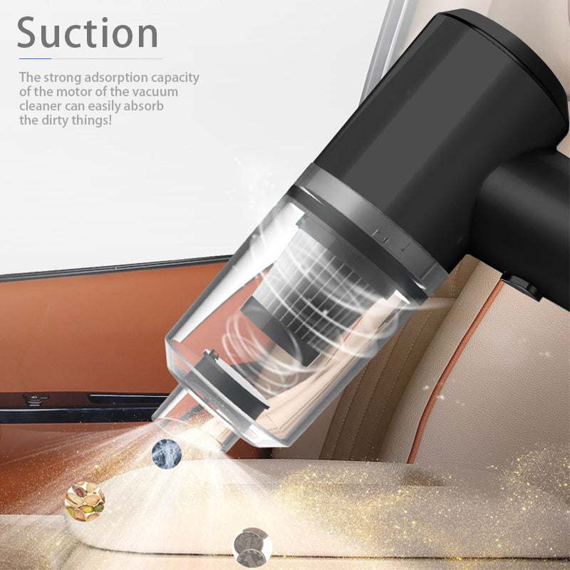 Cordless handheld vacuum cleaner showing suction on a car seat