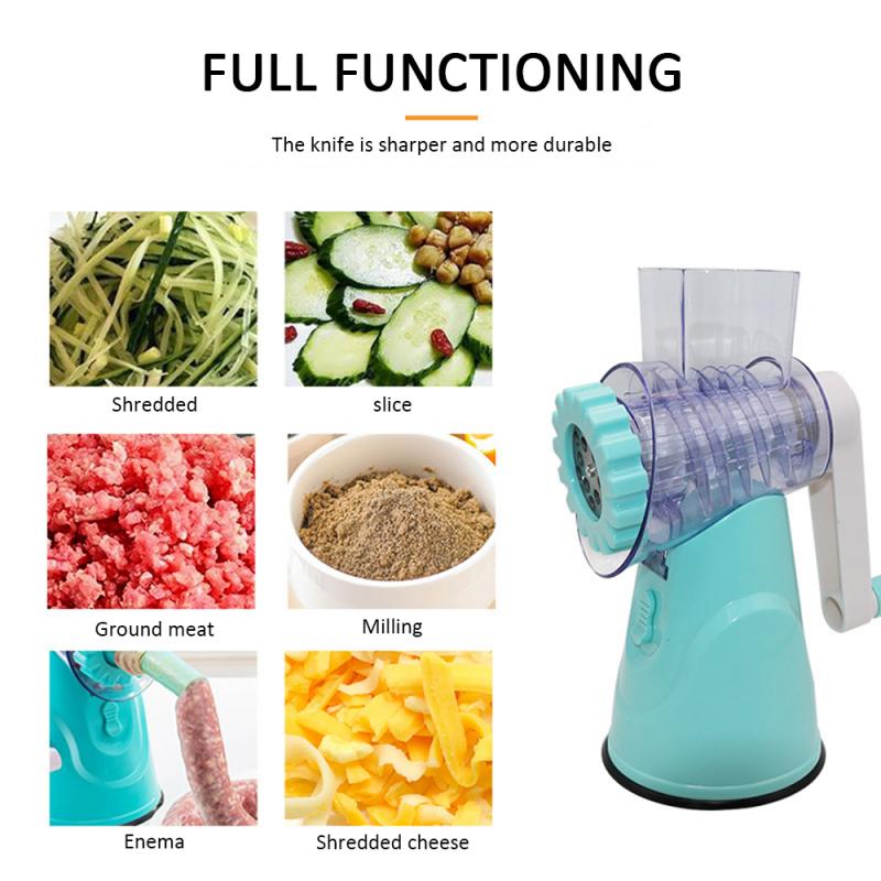 six images of manual vegetable cutter slicer showing shredded, slice, ground, milling, enema, shredded cheese and one big image of manual vegetable cutter slicer it's self.