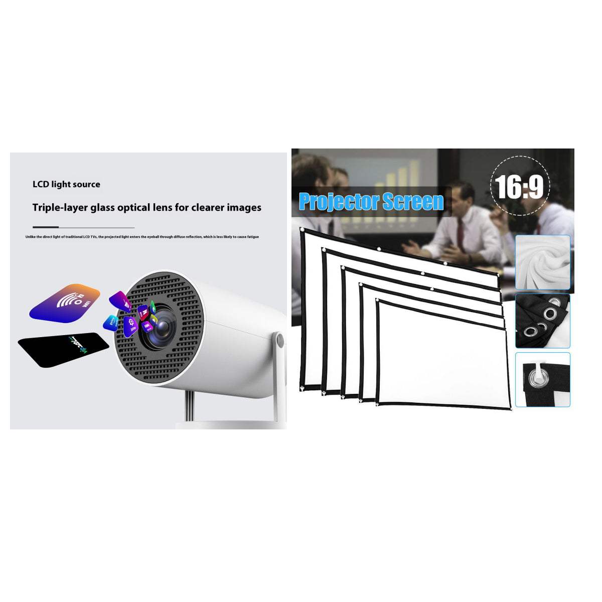 HY300 projector bundle with 16:9 projector screen accessory set