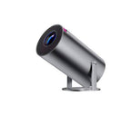 HY300 silver portable projector angled view on metal stand