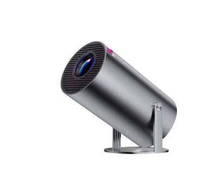 HY300 silver portable projector angled view on metal stand