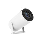 HY300 white mini projector angled side view on stand – clean product shot
