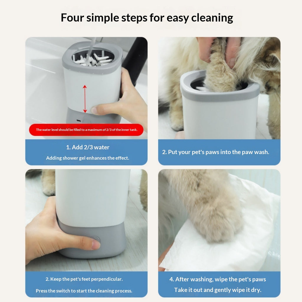 Automatic pet paw cleaner four-step easy cleaning guide – add water, insert paw, press button, wipe dry