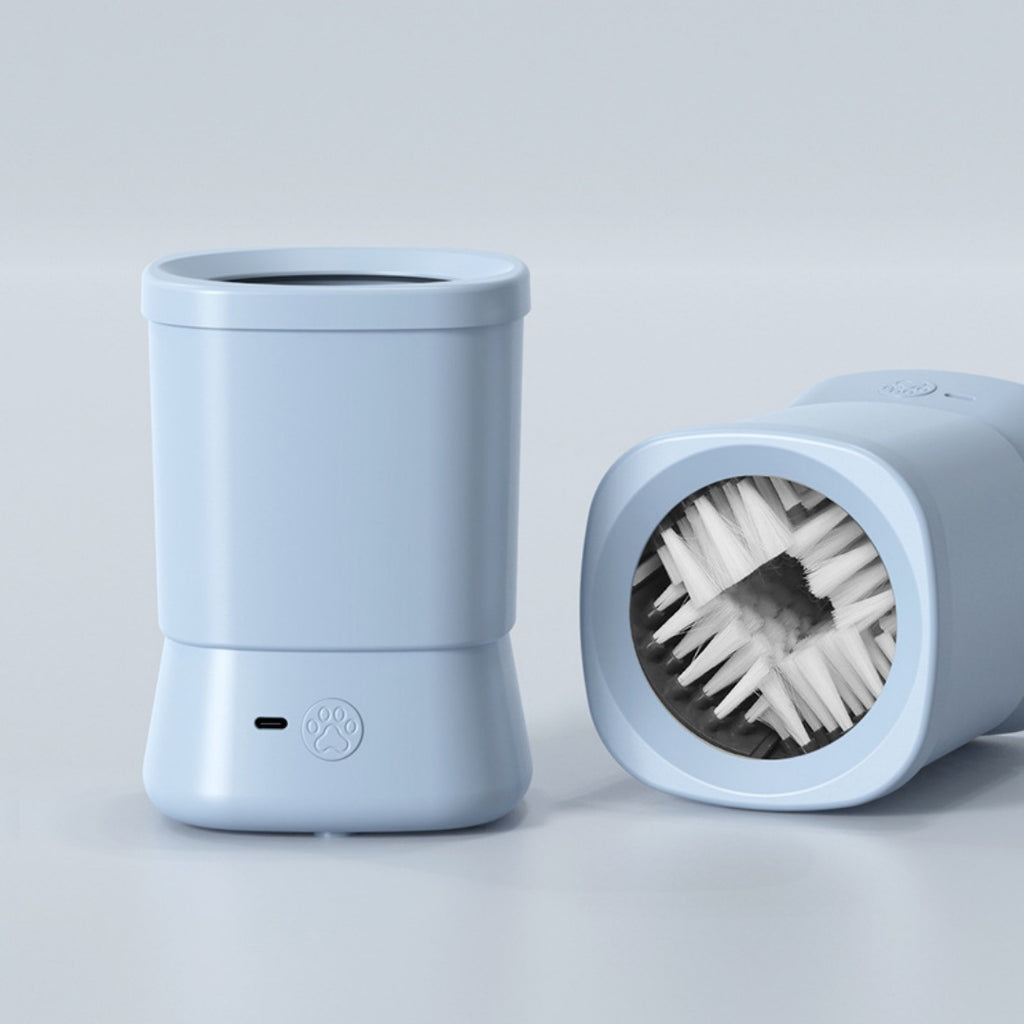 Automatic pet paw cleaner in blue showing front view and soft brush interior