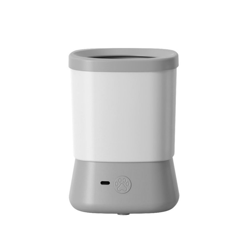 Automatic pet paw cleaner grey front view with USB charging port and paw button