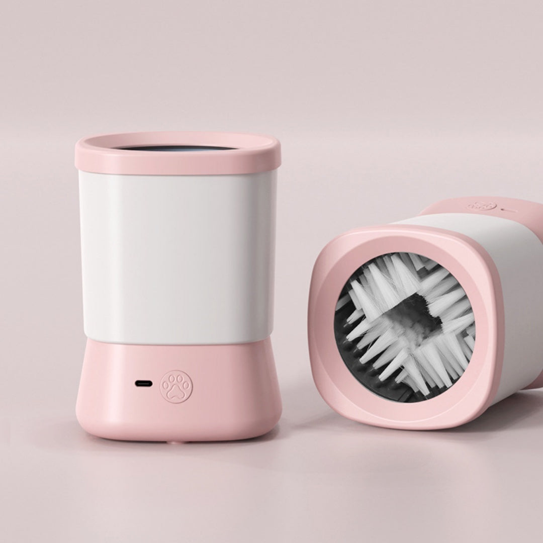Automatic pet paw cleaner in pink showing front view and soft brush interior
