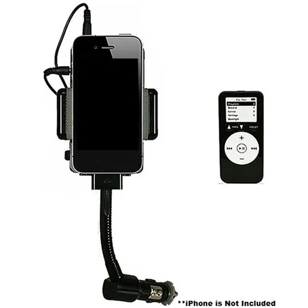 Smartphone mounted on FM transmitter phone stand in car – hands-free setup