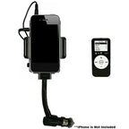 Smartphone mounted on FM transmitter phone stand in car – hands-free setup