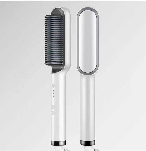 White hair straightening brush with black bristle side on a light gray background