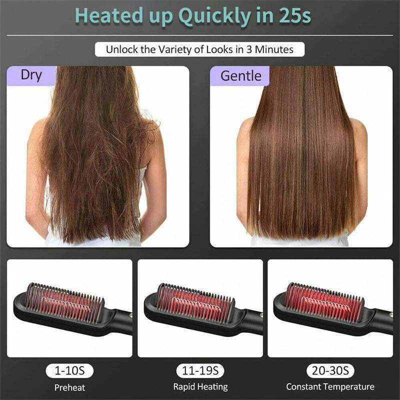 Hair straightening tool with before and after images of hair, showing different heating times.
