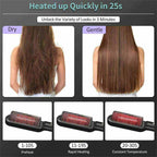 Hair straightening tool with before and after images of hair, showing different heating times.