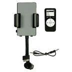 White FM transmitter phone stand with USB charging cable and remote – side view